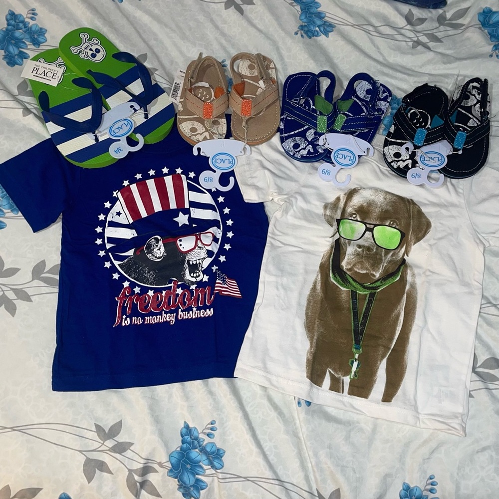 NWT 6 Piece Bundle: Children’s Place Kids Boys Graphic T-Shirts and Sandals